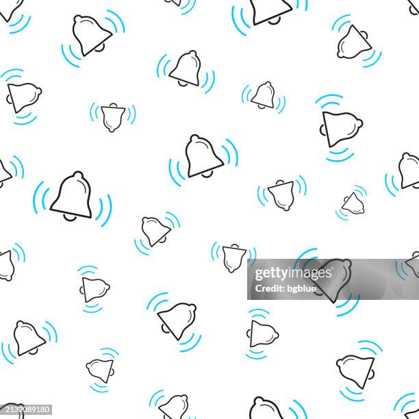 ringing bell. seamless pattern. line icons on white background - alert background stock illustrations