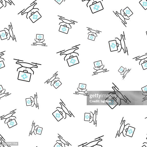 medical drone with first aid kit. seamless pattern. line icons on white background - remote control white background stock illustrations