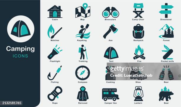 camping solid icons collection. forest, campfire, hiking, trekking, camp, tent, fishing, nature, picnic table, adventure, snorkeling, climbing, travel, outdoor activity, compass, mountain, kayak, map. - deck chair stock illustrations