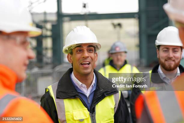 Prime Minister Rishi Sunak speaks to apprentices as he visits SeAH steel Holding’s construction of a wind tech factory on April 02, 2024 in Redcar,...