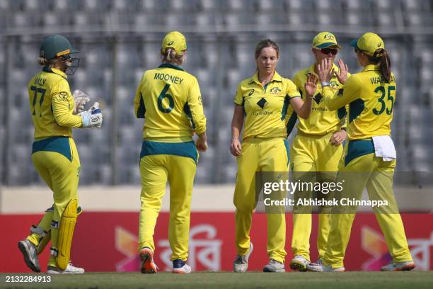 Sophie Molineux of Australia is congratulated by team mates after dismissing Shorifa Khatun of Bangladesh during game two of the Women's T20...