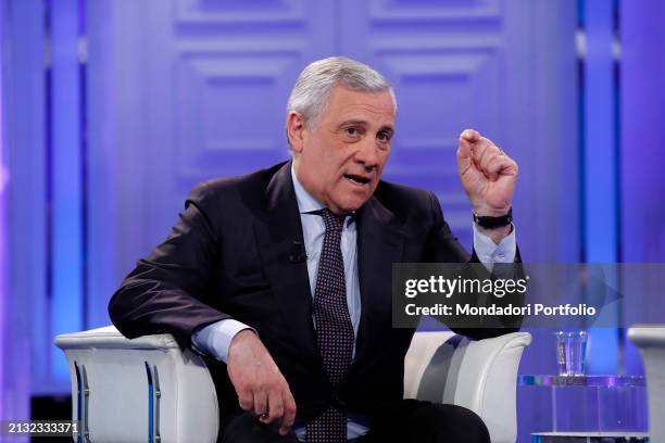 Il ministro degli Affari Esteri e della cooperazione internazionale Antonio Tajani ospite della trasmissione televisiva Porta a Porta. Rome , March...