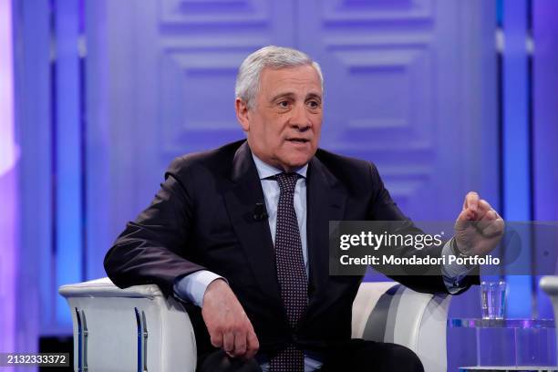 Il ministro degli Affari Esteri e della cooperazione internazionale Antonio Tajani ospite della trasmissione televisiva Porta a Porta. Rome , March...