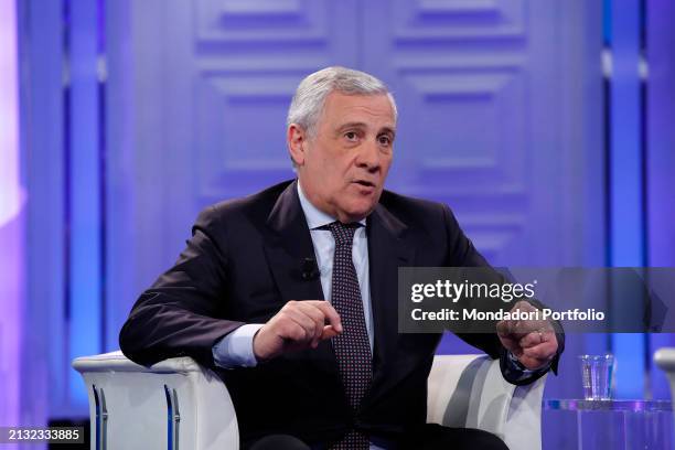 Il ministro degli Affari Esteri e della cooperazione internazionale Antonio Tajani ospite della trasmissione televisiva Porta a Porta. Rome , March...