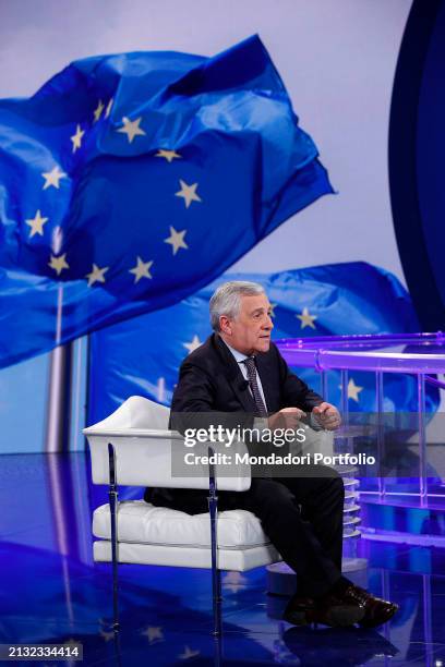 Il ministro degli Affari Esteri e della cooperazione internazionale Antonio Tajani ospite della trasmissione televisiva Porta a Porta. Rome , March...