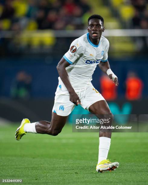 Ismaila Sarr of Marseille follows the action during the UEFA Europa League 2023/24 round of 16 second leg match between Villarreal CF and Olympique...