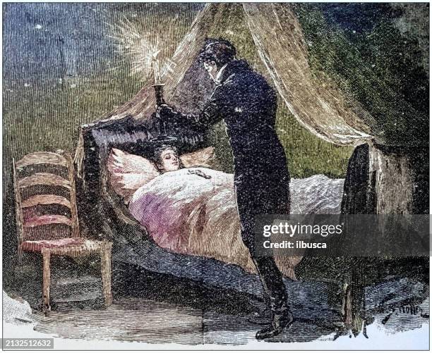 bildbanksillustrationer, clip art samt tecknat material och ikoner med antique painting illustration: man and sick woman - 1800 talsstil