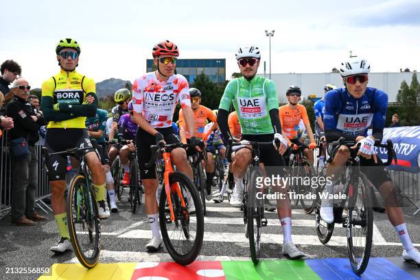 Primoz Roglic of Slovenia and Team BORA - hansgrohe - Yellow Leader Jersey, Ethan Hayter of The United Kingdom and Team INEOS Grenadiers - Polka Dot...