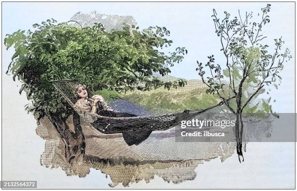 antique painting illustration: woman resting on hammock - hammock stock illustrations