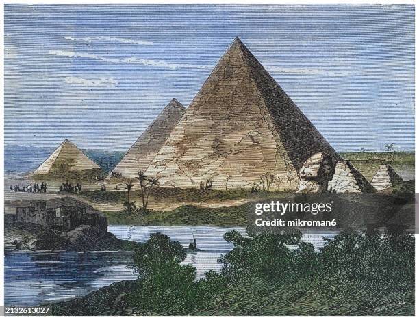 old engraved illustration of ancient egyptian architecture, the sphinx and the pyramids of giza - north african culture stock pictures, royalty-free photos & images