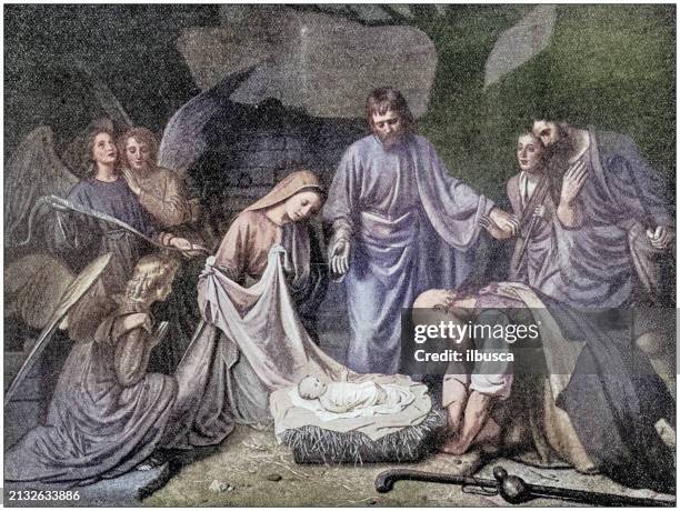 antique painting illustration: nativity - nativity stock illustrations