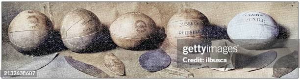 ilustraciones, imágenes clip art, dibujos animados e iconos de stock de fotografía antigua: producción de una pelota de futbol - siglo xix