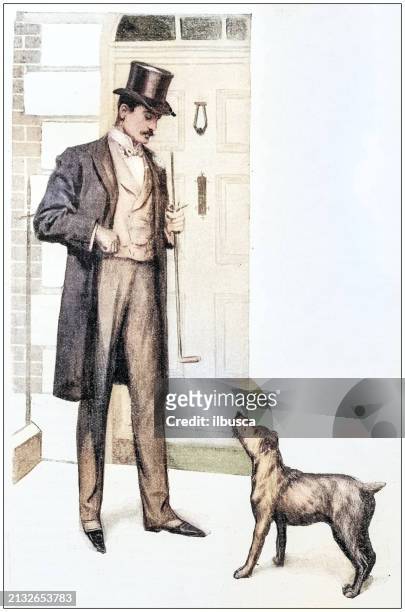 antique painting illustration: man and dog - pet clothing stock illustrations