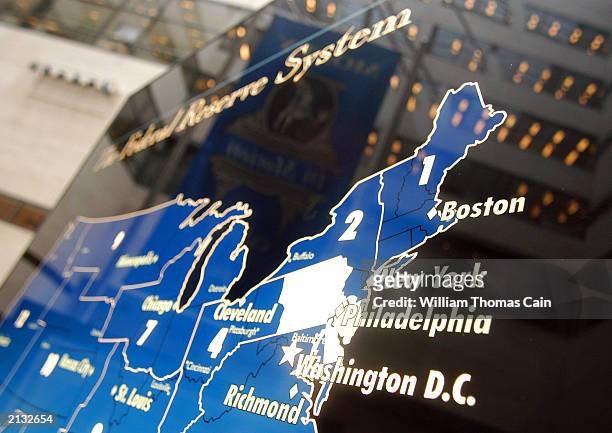 Map shows some of the Federal Reserve Bank locations as part of the "Money in Motion" exhibit at the Philadelphia Federal Reserve Bank July 2, 2003...