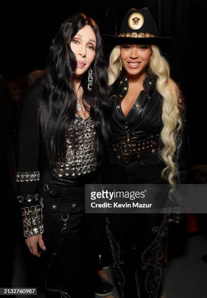 Cher and Beyoncé pose backstage during he 2024 iHeartRadio Music Awards at Dolby Theatre in Los Angeles, California on April 01, 2024. Broadcasted...