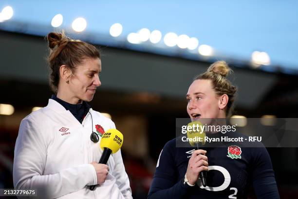 Sarah Hunter MBE, Defence Coach of England, and Megan Jones of England speak to BBC Sport after the Guinness Women's Six Nations 2024 match between...