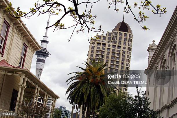 Old and new building styles share the Auckland skyline as seen from the University of Auckland, Auckland, New Zealand, 01 July 2003. AFP PHOTO/Dean...