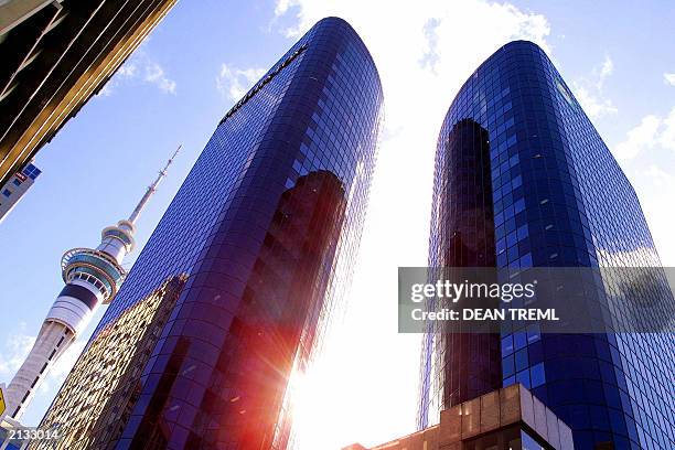 Twin business towers, Phillips Fox and The National Bank stand in front of the 328 metre tall Sky Tower , the tallest building in the Southern...