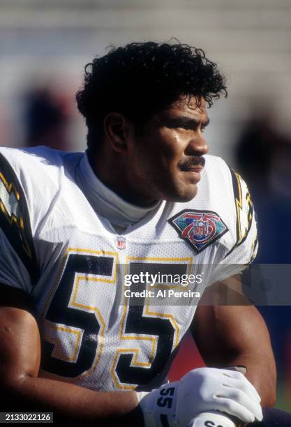 Outside Linebacker Junior Seau of the San Diego Chargers follows the action in the game between the San Diego Chargers vs the New England Patriots on...