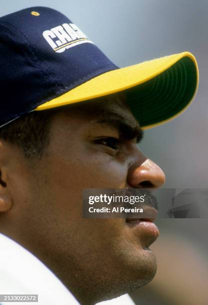 Outside Linebacker Junior Seau of the San Diego Chargers follows the action in the Pro Football Hall of Fame game between the San Diego Chargers vs...