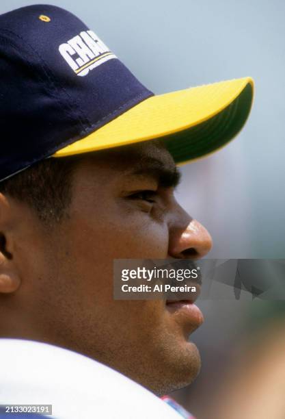 Outside Linebacker Junior Seau of the San Diego Chargers follows the action in the Pro Football Hall of Fame game between the San Diego Chargers vs...