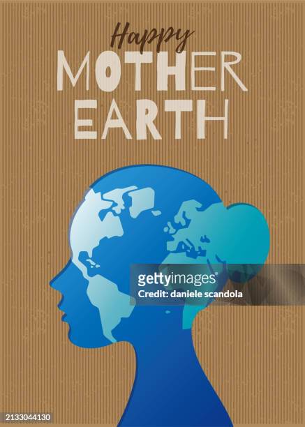 mother earth day poster with a paper cut woman head. - world environment day poster stock-grafiken, -clipart, -cartoons und -symbole