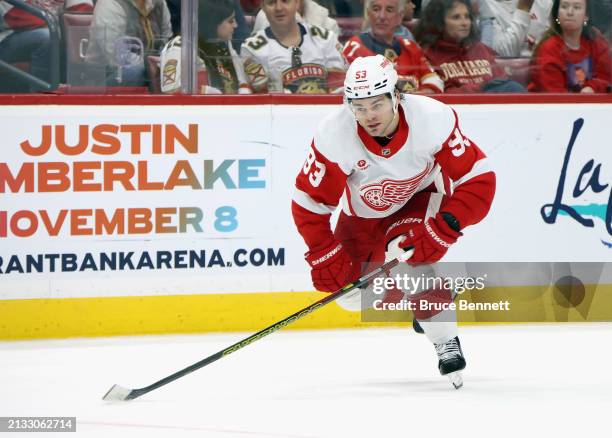 Alex DeBrincat of the Detroit Red Wings skates against the Florida Panthers at Amerant Bank Arena on March 30, 2024 in Sunrise, Florida.