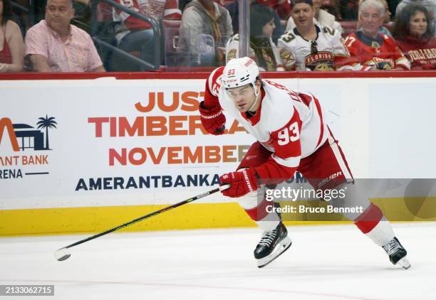 Alex DeBrincat of the Detroit Red Wings skates against the Florida Panthers at Amerant Bank Arena on March 30, 2024 in Sunrise, Florida.