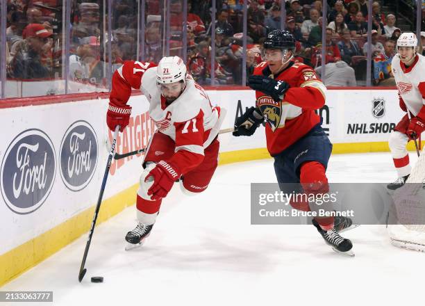 Dylan Larkin of the Detroit Red Wings skates against the Florida Panthers at Amerant Bank Arena on March 30, 2024 in Sunrise, Florida.