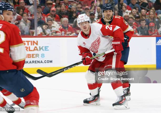 Lucas Raymond of the Detroit Red Wings skates against the Florida Panthers at Amerant Bank Arena on March 30, 2024 in Sunrise, Florida.