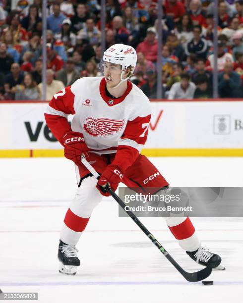 Simon Edvinsson of the Detroit Red Wings skates against the Florida Panthers at Amerant Bank Arena on March 30, 2024 in Sunrise, Florida.