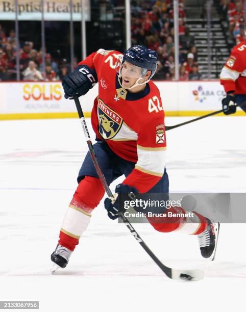 Gustav Forsling of the Florida Panthers skates against the Detroit Red Wings at Amerant Bank Arena on March 30, 2024 in Sunrise, Florida.