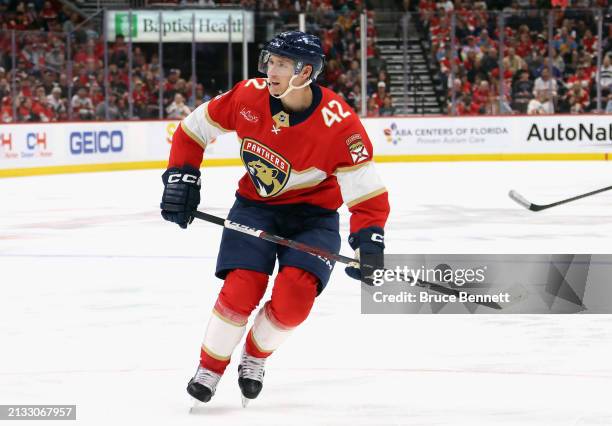 Gustav Forsling of the Florida Panthers skates against the Detroit Red Wings at Amerant Bank Arena on March 30, 2024 in Sunrise, Florida.