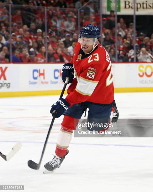 Carter Verhaeghe of the Florida Panthers skates against the Detroit Red Wings at Amerant Bank Arena on March 30, 2024 in Sunrise, Florida.
