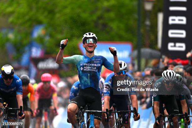 Paul Lapeira of France and Decathlon AG2R La Mondiale Team celebrates at finish line as stage winner during the 63rd Itzulia Basque Country 2024,...