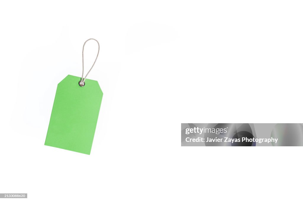 Green Paper Price Label With Rope Isolated on White