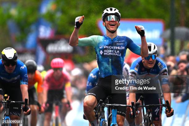 Paul Lapeira of France and Decathlon AG2R La Mondiale Team celebrates at finish line as stage winner during the 63rd Itzulia Basque Country 2024,...