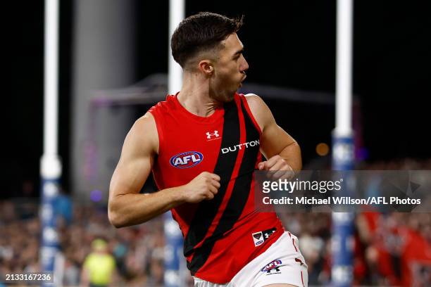 Jade Gresham of the Bombers celebrates a goal during the 2024 AFL Round 04 match between the Port Adelaide Power and the Essendon Bombers at Adelaide...