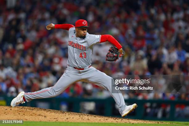 Alexis Diaz of the Cincinnati Reds in action against the Philadelphia Phillies during a game at Citizens Bank Park on April 1, 2024 in Philadelphia,...