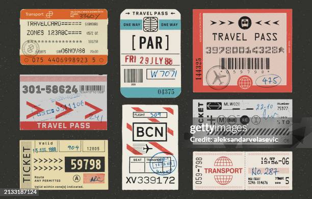 weathered tickets, luggage tags, and stamps - old airplane ticket stock illustrations