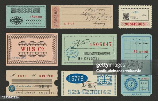 ilustraciones, imágenes clip art, dibujos animados e iconos de stock de efímeros vintage, boletos, etiquetas y sellos de caucho - etiquetar