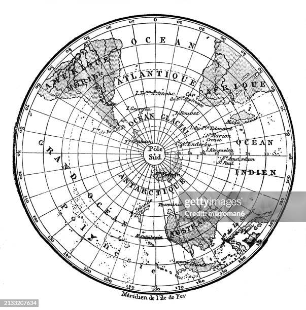 old chromolithograph illustration of map of south polar regions - antarctica stock pictures, royalty-free photos & images