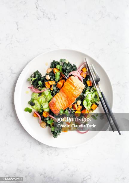 plate of pan roasted salmon with fresh salad on white background - boniato fotografías e imágenes de stock