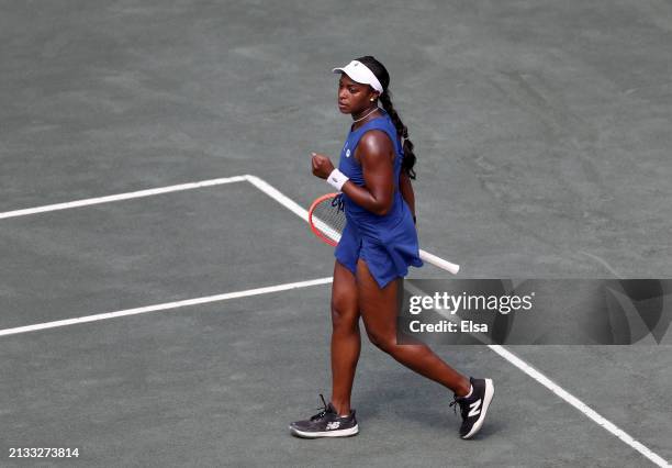 Sloane Stephens of the United States celebrates her first set win over Magdalena Frech of Poland on Day 2 of the WTA 500 Credit One Charleston Open...