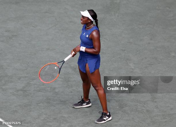 Sloane Stephens of the United States reacts in the first set against Magdalena Frech of Poland on Day 2 of the WTA 500 Credit One Charleston Open...