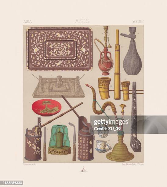 asian hookah tobacco pipes and water pipes, chromolithograph, published 1888 - hookah stock illustrations