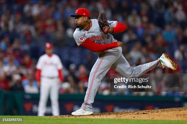 Alexis Diaz of the Cincinnati Reds in action against the Philadelphia Phillies during a game at Citizens Bank Park on April 1, 2024 in Philadelphia,...