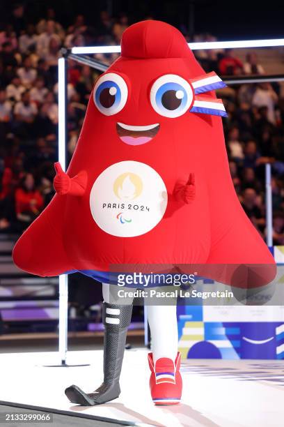 The Paris 2024 Olympic Mascot is pictured during the 8th Olympic and Paralympic Week at Arena Porte De La Chapelle on April 02, 2024 in Paris, France.