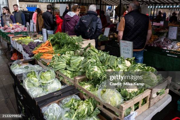 Fruit and vegetable market stall on 29th March 2024 in Cirencester, United Kingdom. Cirencester is a market town in Gloucestershire. It is the eighth...