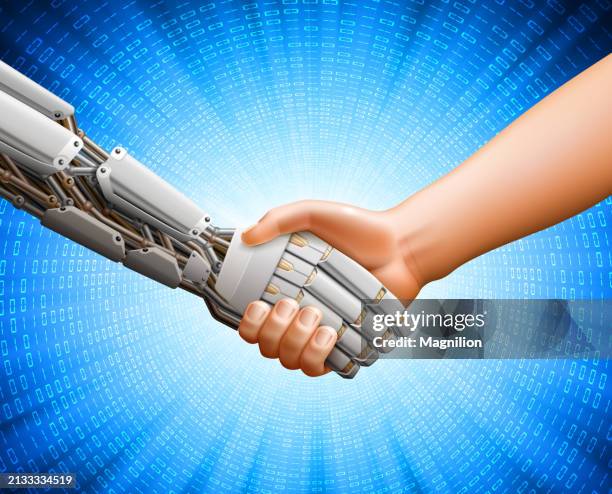ilustraciones, imágenes clip art, dibujos animados e iconos de stock de apretón de manos humano, mano robótica y mano humana, fondo de código binario - humano-robot